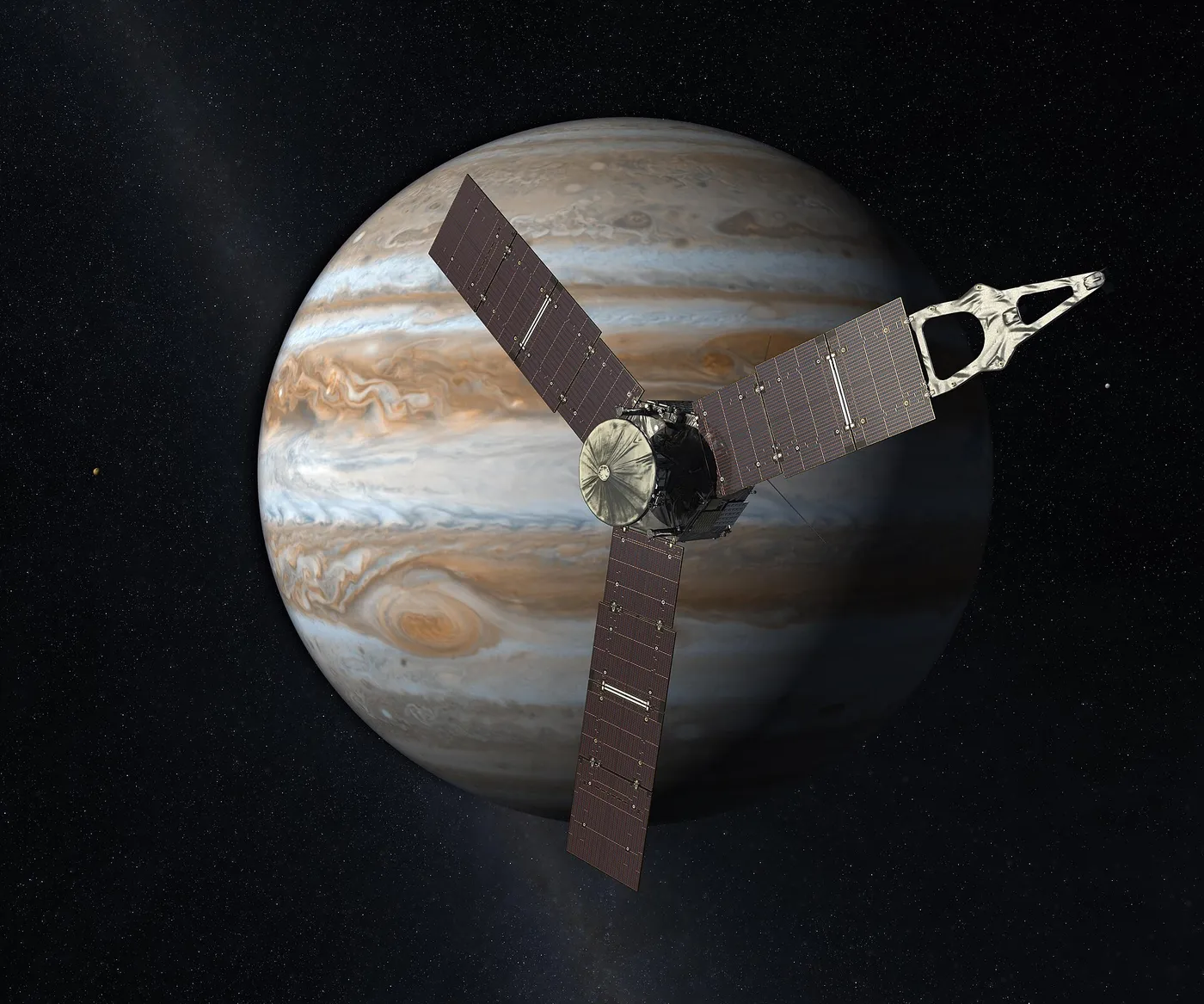 Artist rendition of JUNO orbiter at Jupiter. Note that Jupiter in this image may be mirrored from actuality.