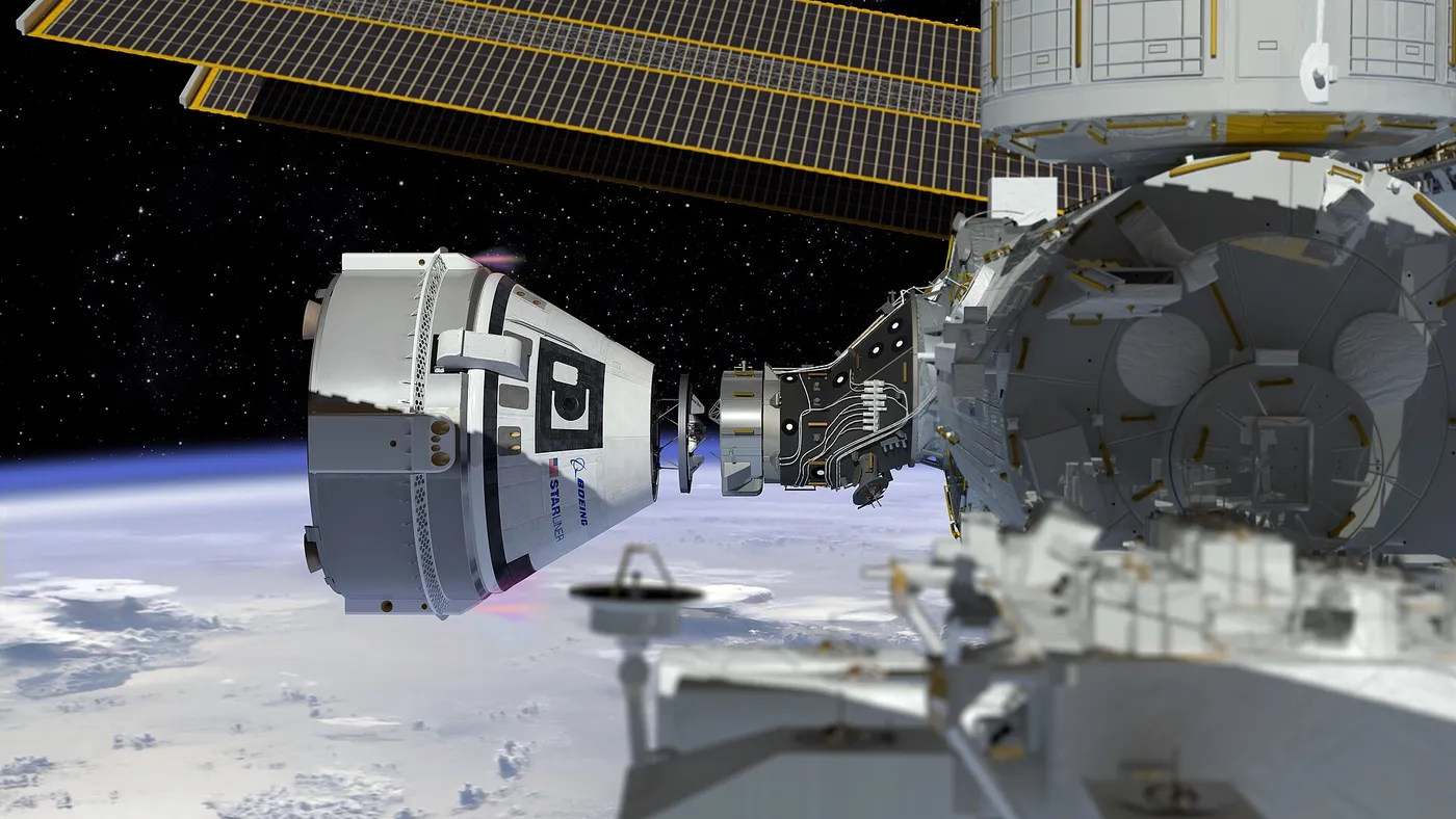 This artist's concept shows Boeing’s CST-100 Starliner spacecraft, currently under development for NASA’s Commercial Crew Program, docking to the Inte
