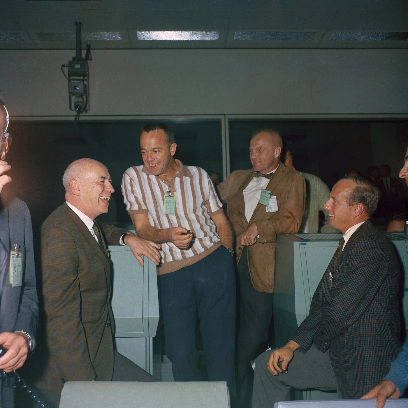 S66-64879 (November 1966) --- Dr. Robert R. Gilruth (right), with astronauts, from the left, Charles Conrad Jr., John H. Glenn Jr. and Alan B.…