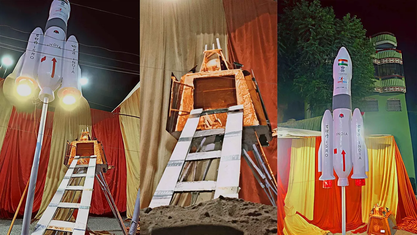 Model of ISRO’s GSLV Mk III rocket and Chandrayaan mission, created by the ASCARS team and presented during Durga Puja 2023 at Kameshwarganj, Bhiswa,…