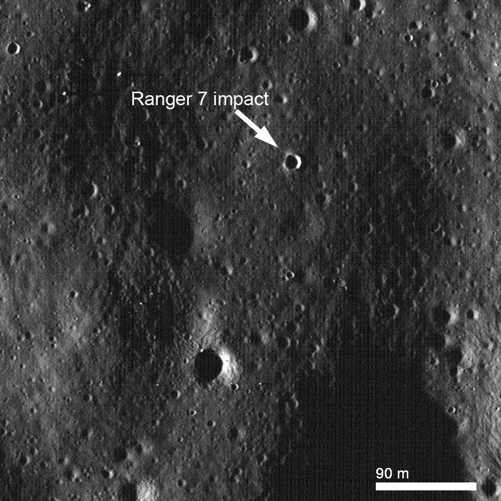 Low sun LROC NAC (M132963565R) of the Ranger 7 impact site. At low sun angle, the area appears densely cratered [NASA/GSFC/Arizona State University].
