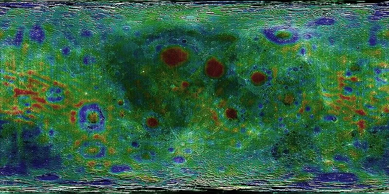 Lunar Prospector Gravity map of the moon in milligals. Red is high (max. 550 mgal), blue is low (min -410 mgal).