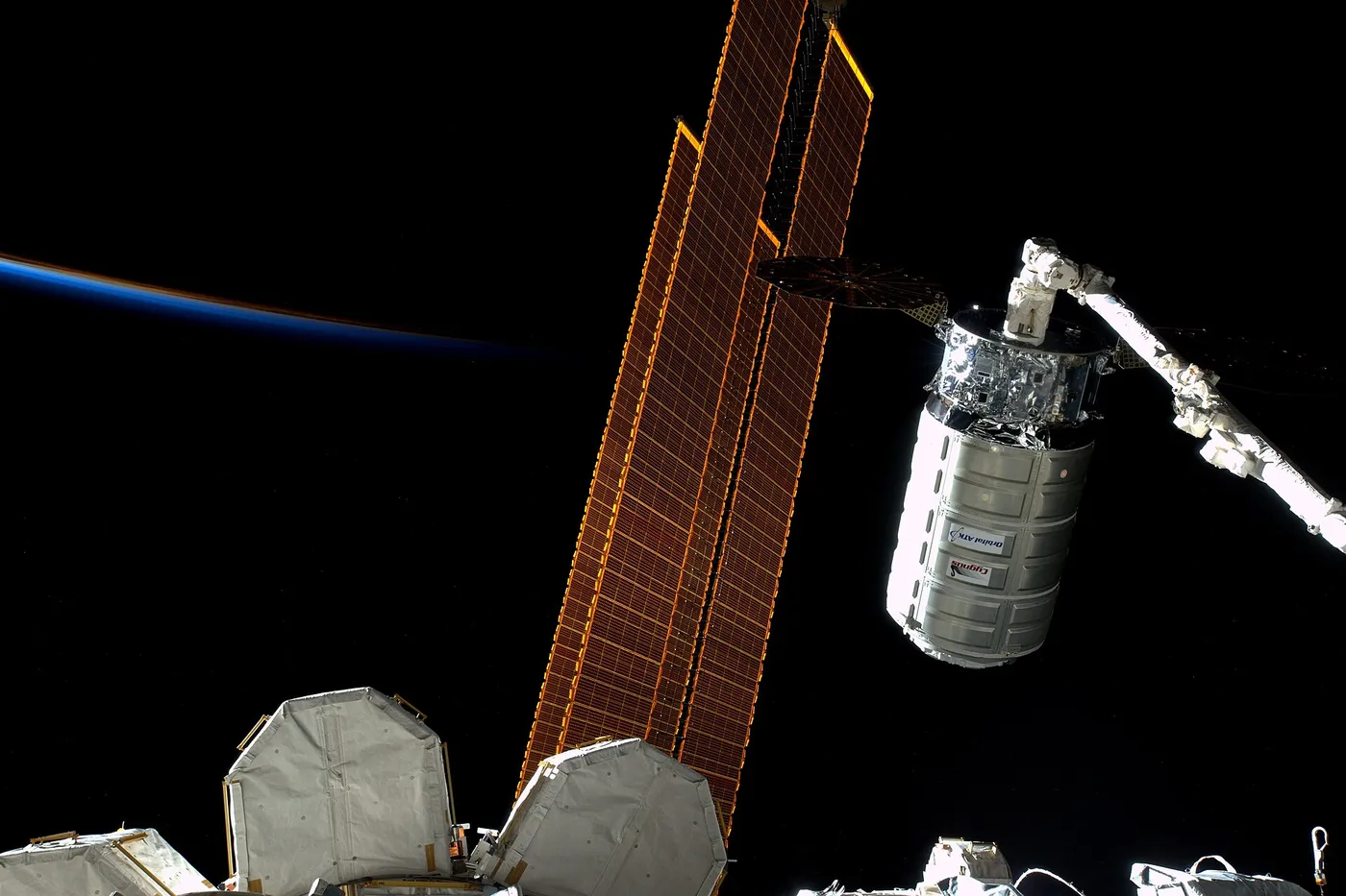 Cygnus 5 (S.S. Deke Slayton II) preparing for release from Canadarm2 at the end of its mission.