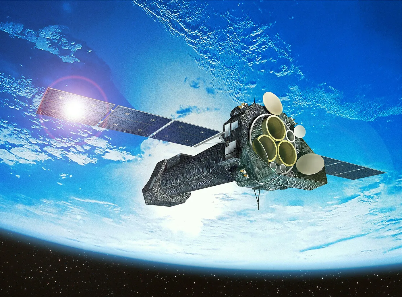 An artistic rendering of the XMM-Newton (X-ray Multi-Mirror Mission) space telescope against Earth in the background.