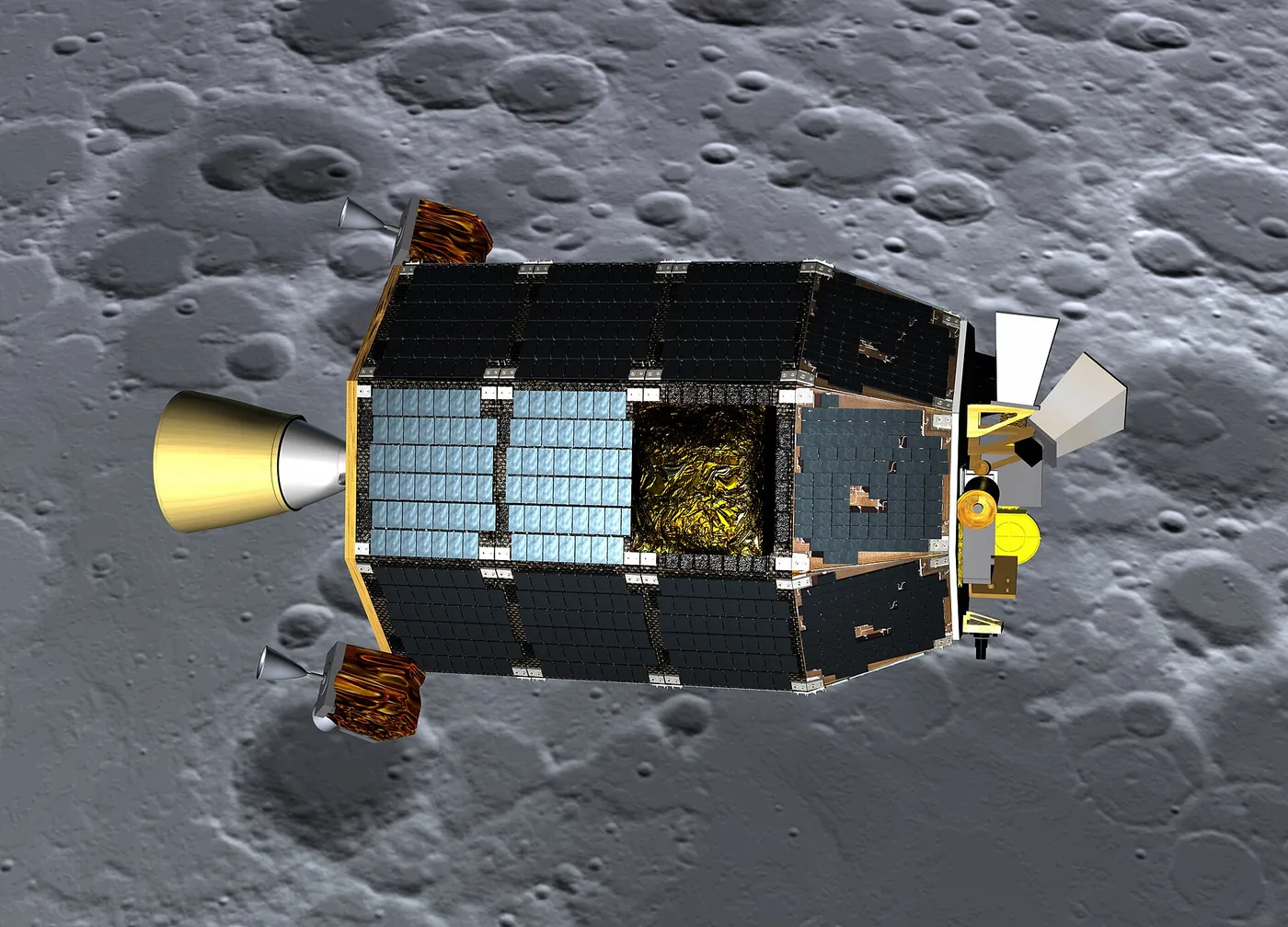 An artist's concept of NASA's Lunar Atmosphere and Dust Environment Explorer (LADEE) spacecraft seen orbiting near the surface of the moon.