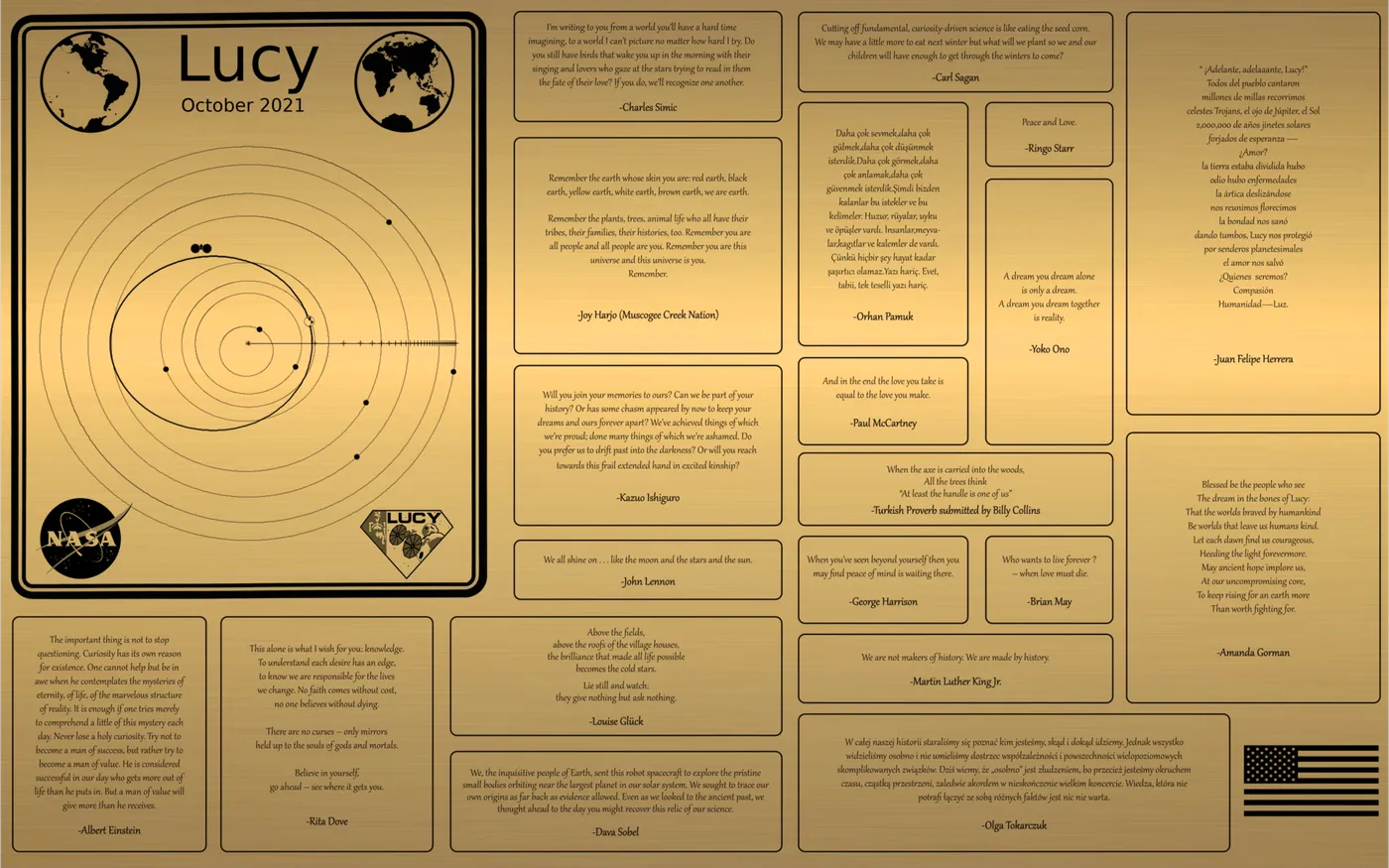 A plaque on the Lucy mission featuring 20 messages from people on Earth, including John Lennon, Martin Luther King Jr., The Beatles, and more.
