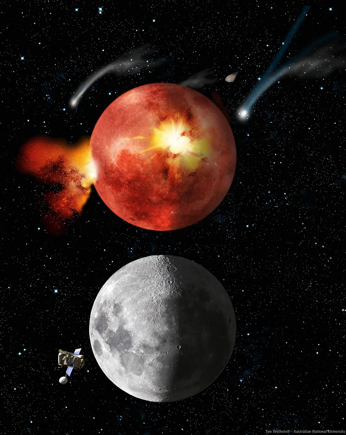 Artists impression of the moon during the Late Heavy Bombardment (Lunar Cataclysm) and today