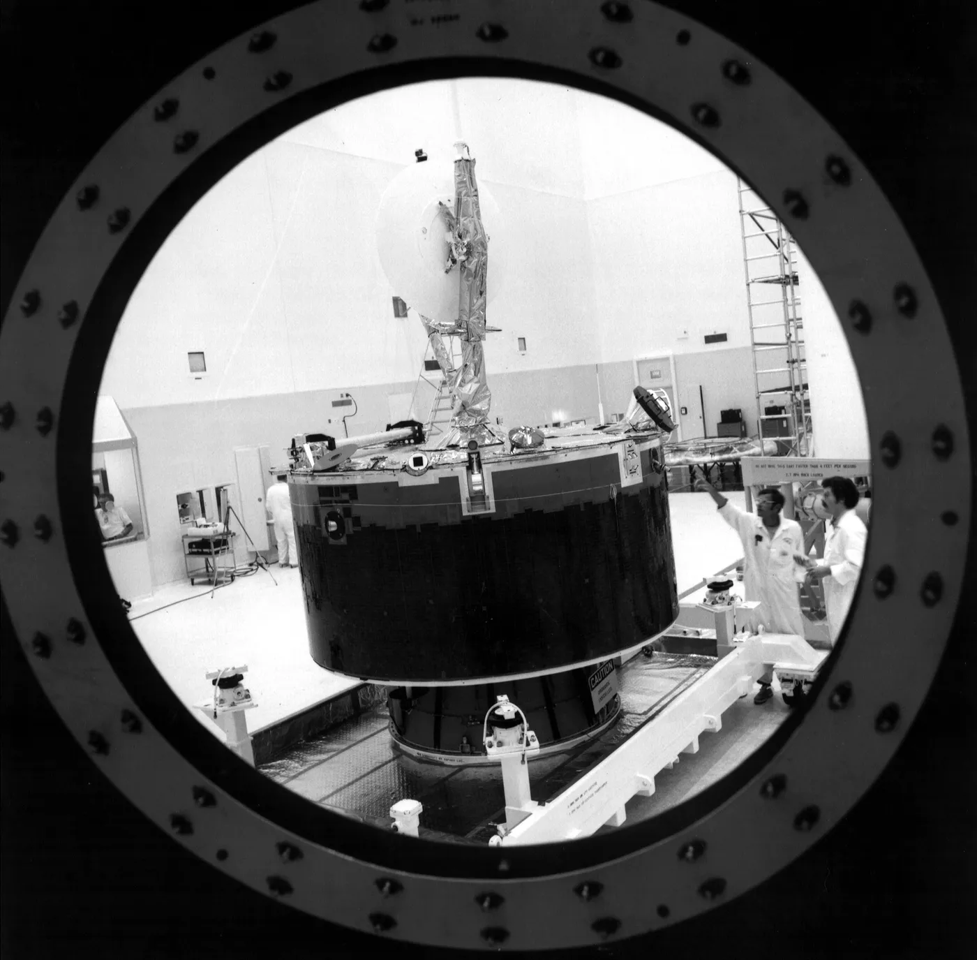 NASA's Pioneer Venus-A spacecraft undergoes inspection in Kennedy Space Center Spacecraft Assembly and Encapsulation Facility (SAEF) prior to…