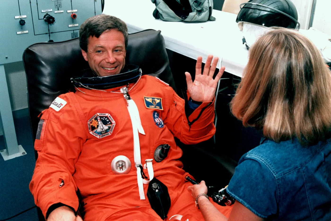 Payload Specialist Robert Brent Thirsk, CSA Astronaut, suits up prior to the STS-78 mission in June 1996.