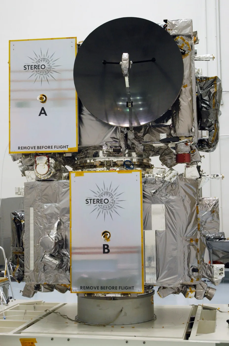 The two STEREO spacecrafts sits on a test stand