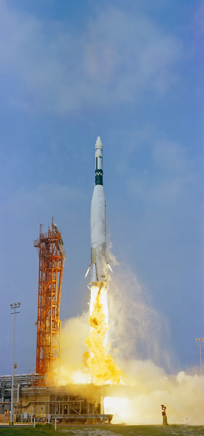 S66-34098: The launch of Agena GATV-5004 from LC-14 on Atlas TLV-5303 on May 17, 1966. Unfortunately the Agena failed to achieve orbit.