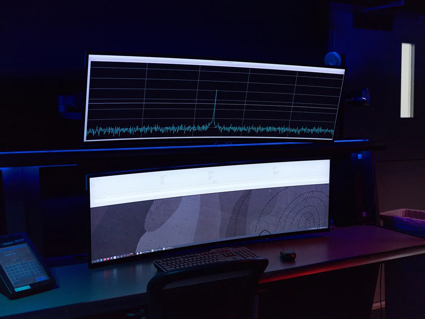 The acquisition of the radio frequency signal from the Artemis II crewed mission to the Moon by NASA’s Deep Space Network is indicated by the peak in…