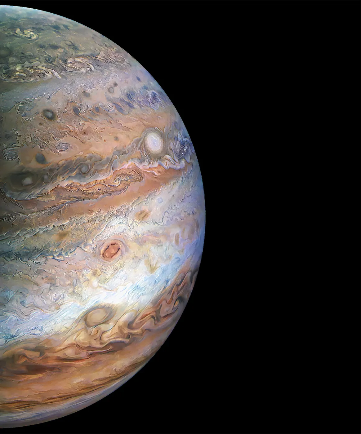 Processed image from the Juno Spacecraft orbiting Jupiter.