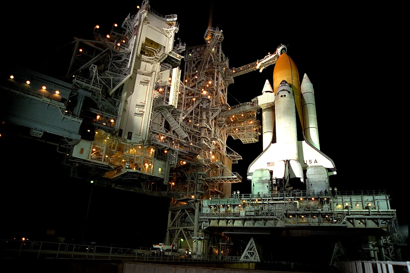 Space Shuttle Columbia on launch pad 39-B at Kennedy Space Center after the rollback of the Rotating Service Structure.