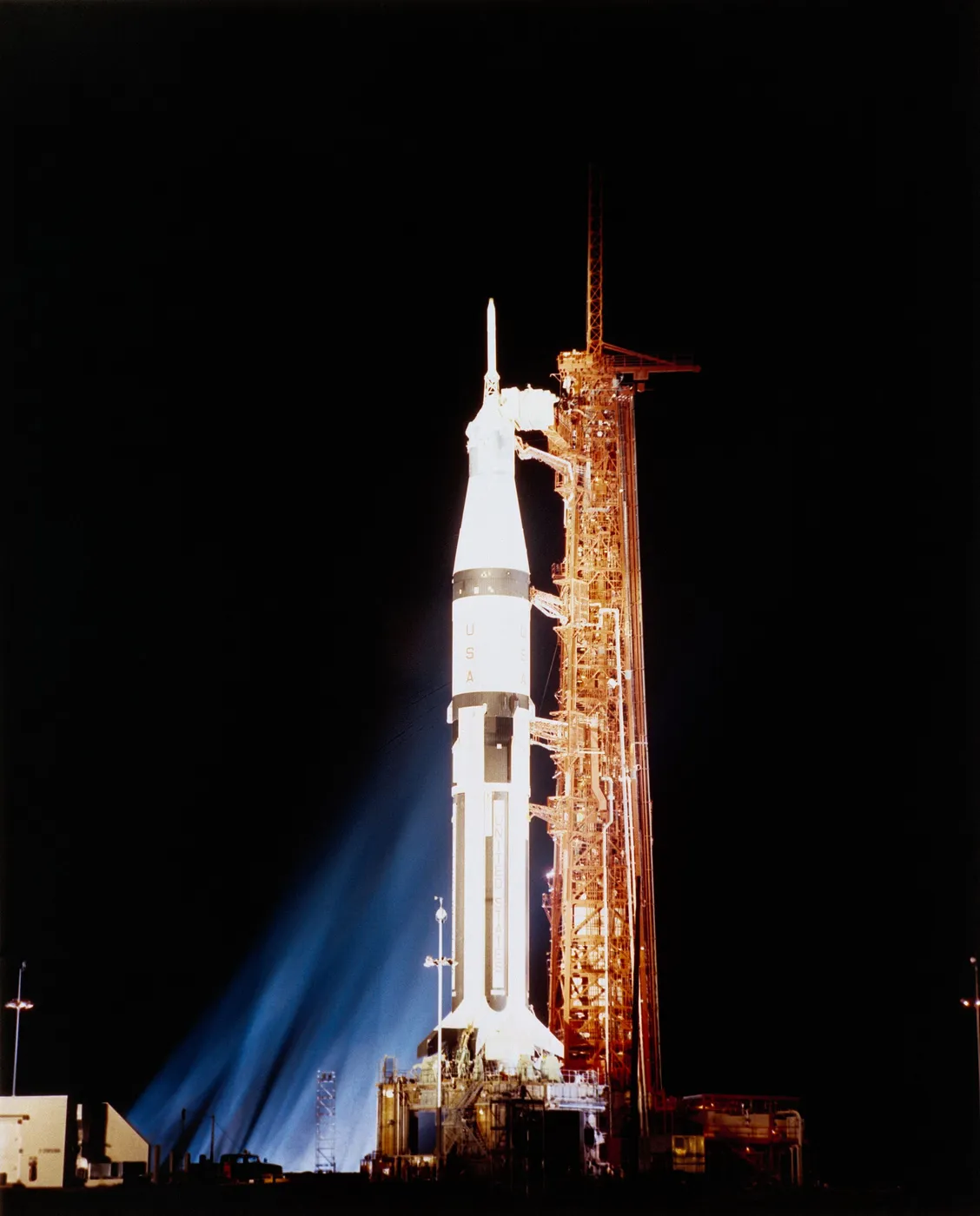 S68-50712 (16 Sept. 1968) --- Nighttime view of Launch Complex 34, Kennedy Space Center, showing the Apollo 7 (Spacecraft 101/Saturn 205) stack on…