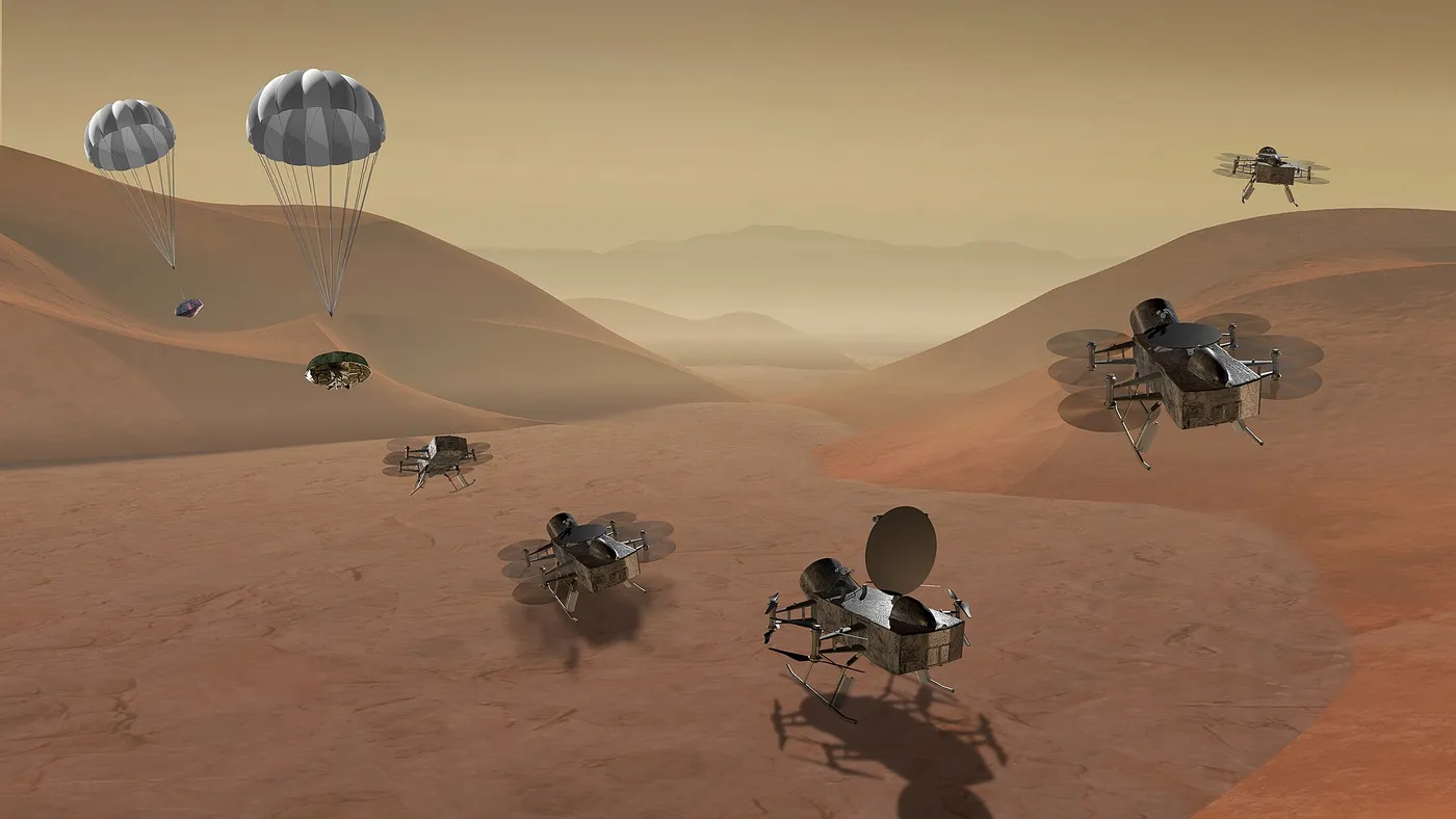 NASA graphic showing Dragonfly mission arriving on Saturn's moon Titan, and flying in its atmosphere.