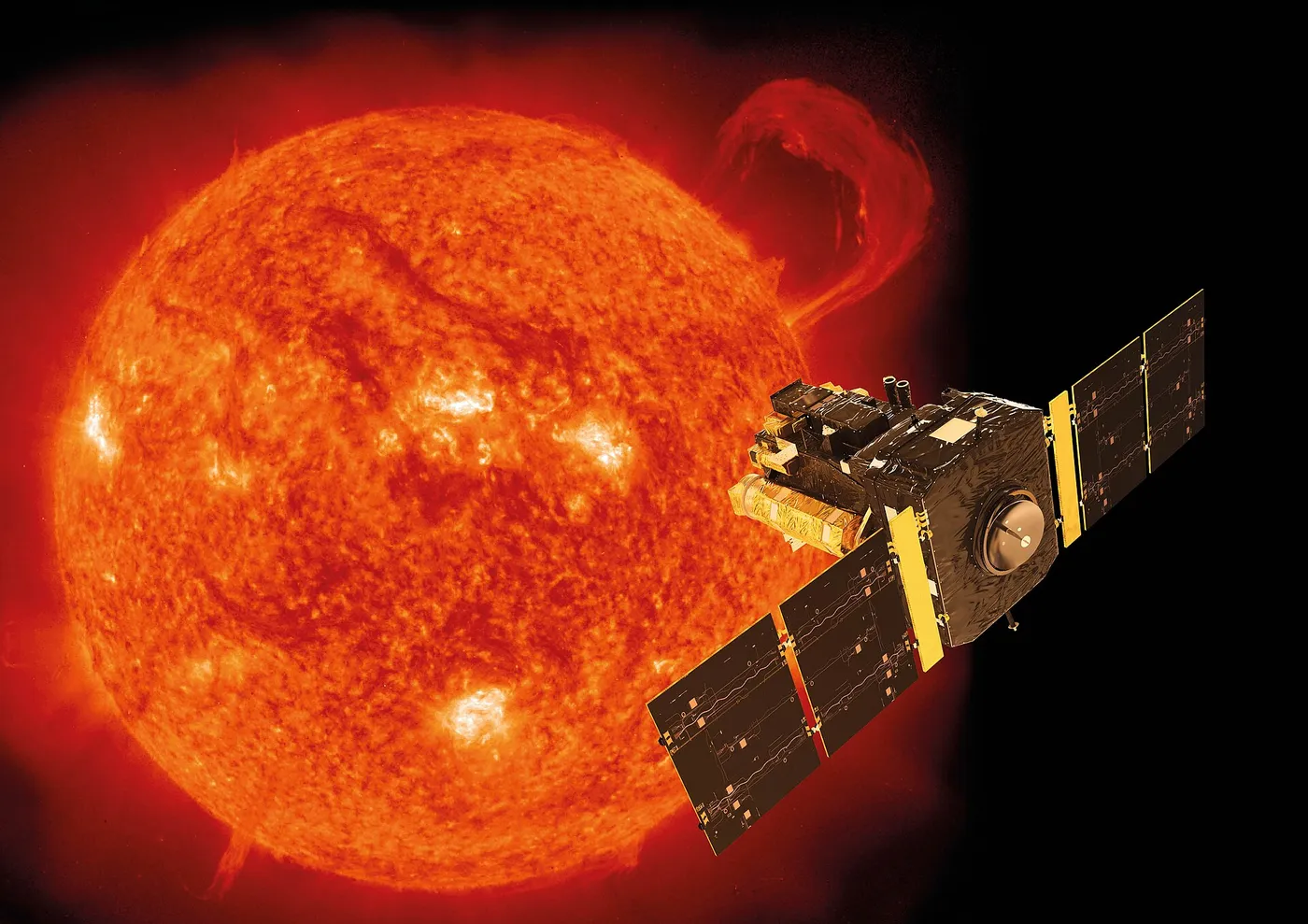 Artist’s impression of the ESA/NASA Solar and Heliospheric Observatory, SOHO, with the Sun as seen by the satellite’s extreme-ultraviolet imaging…