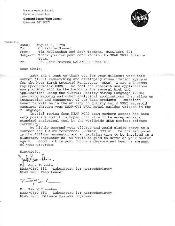 NASA commendation to Christine Mouser for the software applications she engineered for the Near Earth Asteroid Rendezvous Mission (NEAR), X-ray and…