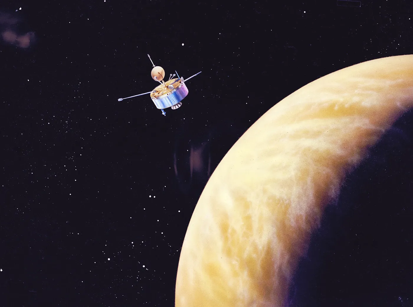 Art By Don Davis Pioneer Venus orbiter in orbit around Venus