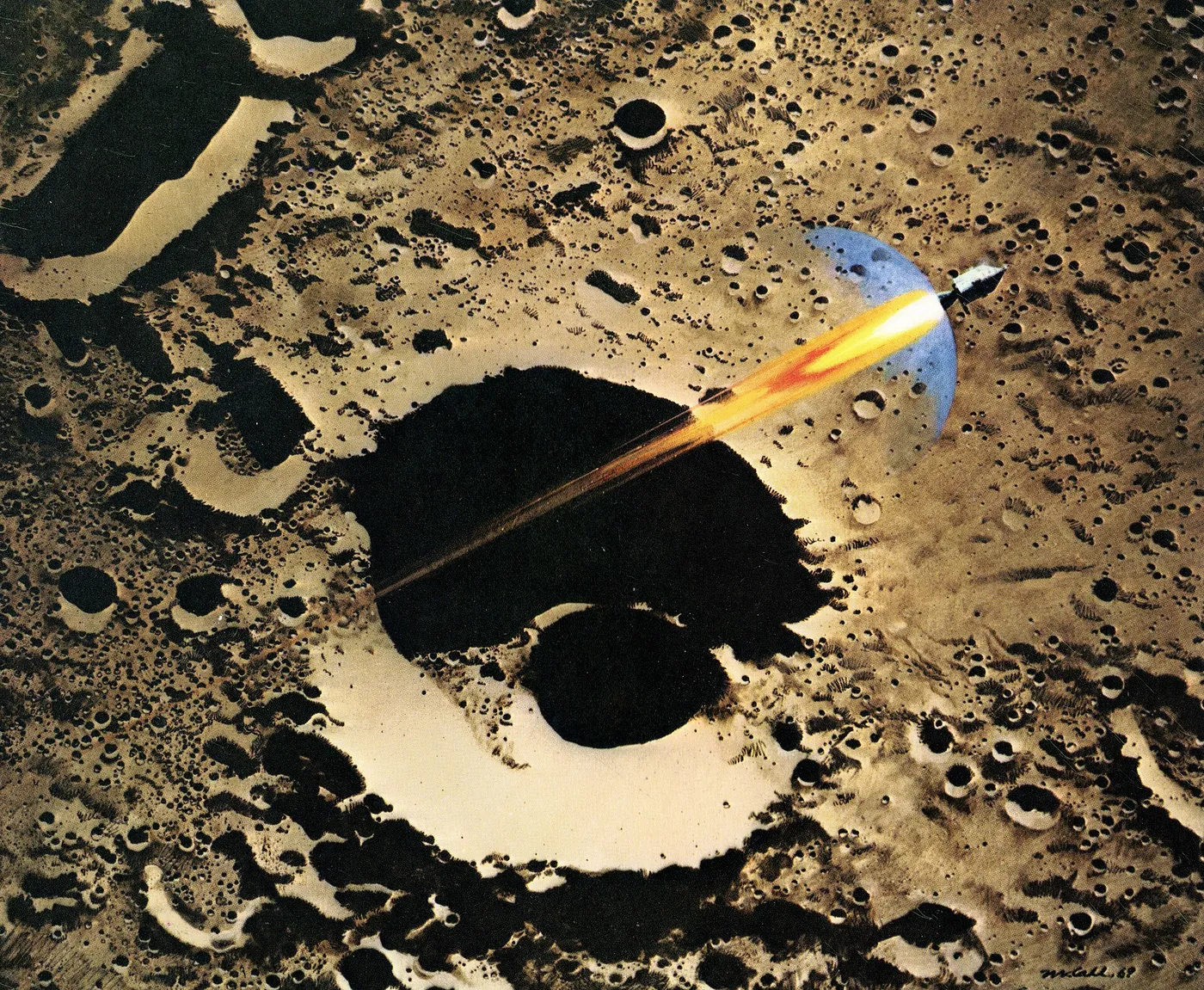 Oil on panel by Robert McCall. The Apollo 8 spacecraft fires it's engines to propel it out of lunar orbit and the return trip to Earth. This is NASA,…
