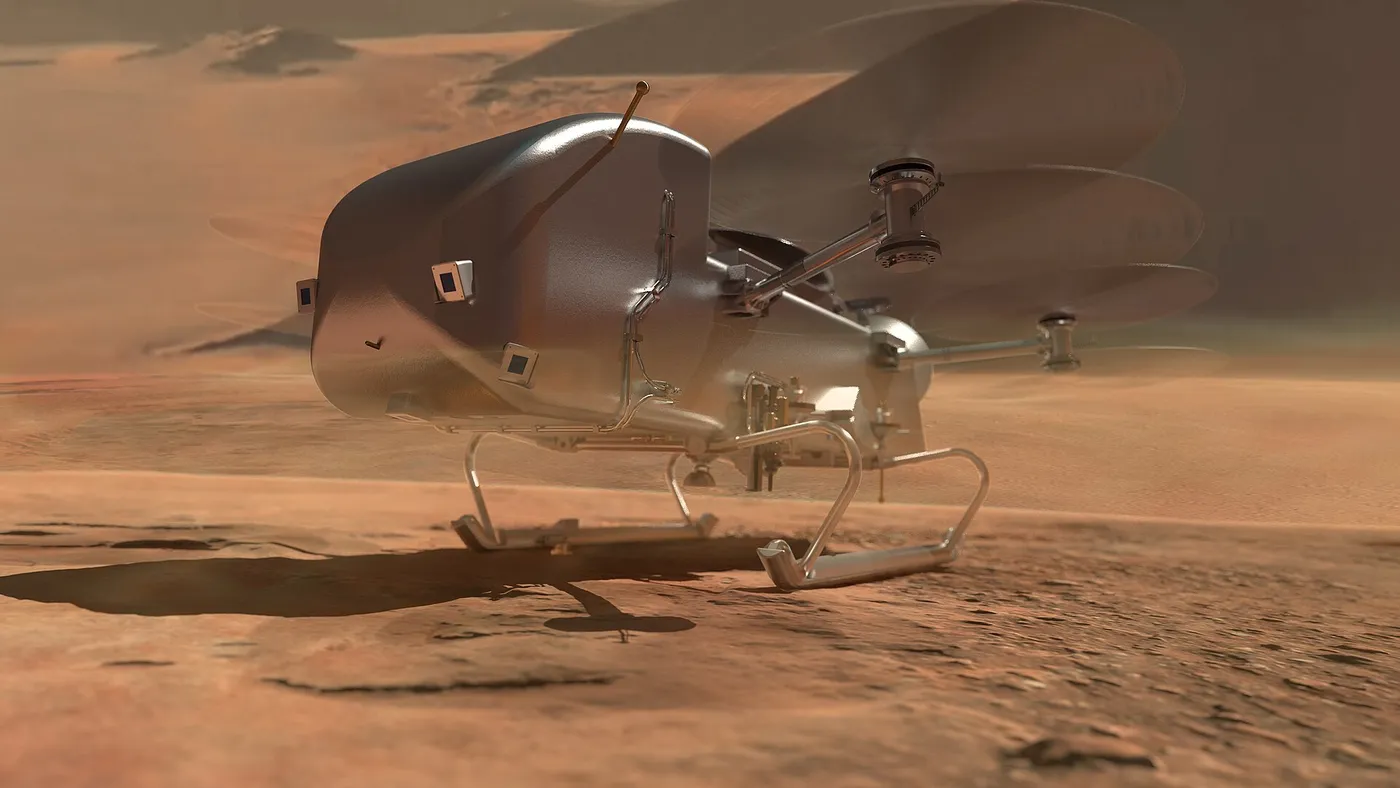 Artist's Impression Dragonfly moving between study sites on Titan. IMAGE CREDIT: NASA/JOHNS HOPKINS APL/STEVE GRIBBEN