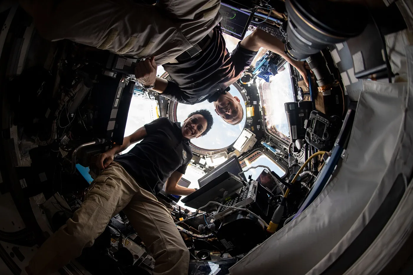 ISS 67 Astronauts Bob Hines and Jessica Watkins inside the cupola