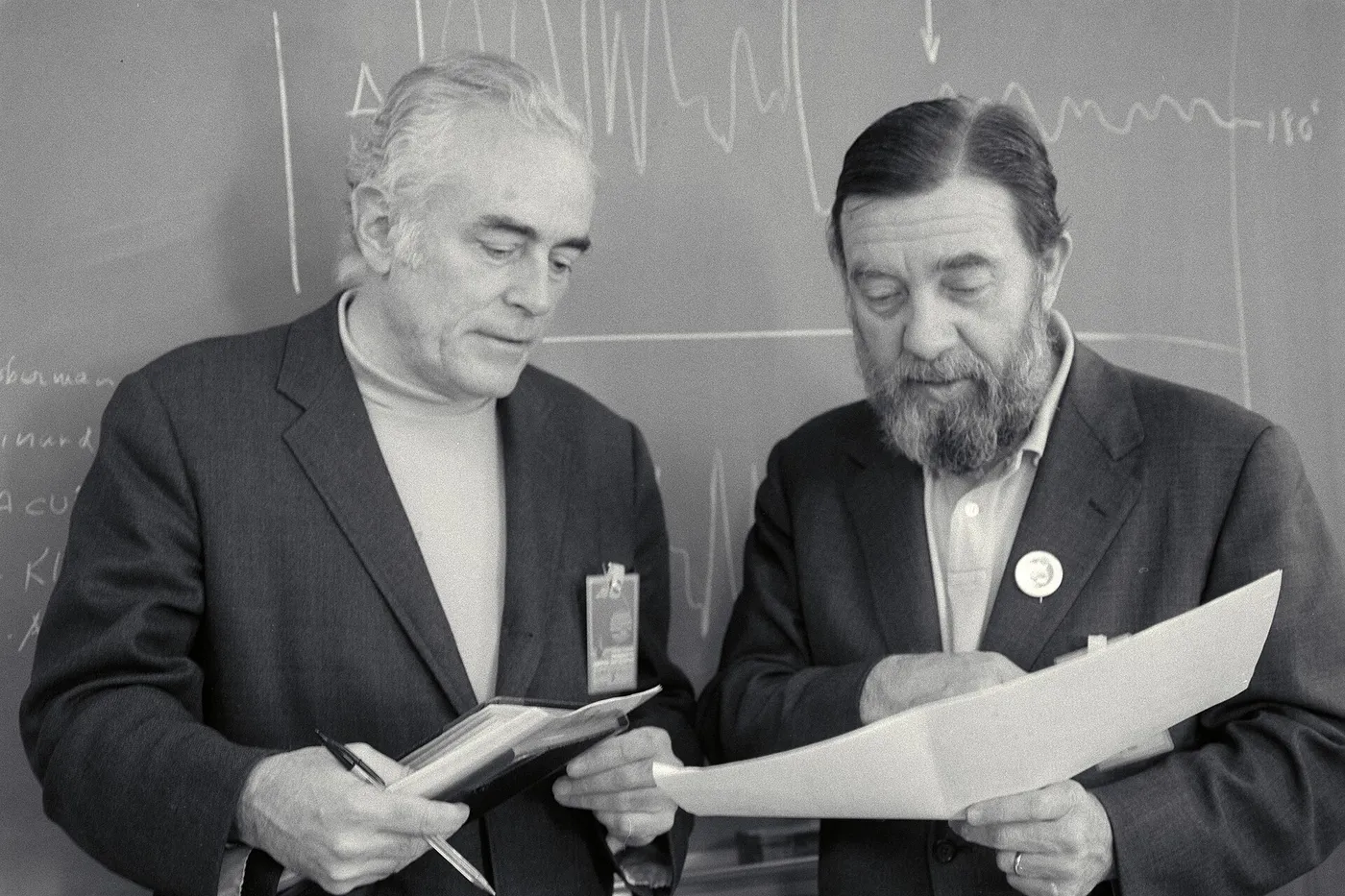 Dr. John A. Simpson and Dr James Van Allen discuss Pioneer 11 Mission to Juiter and Saturn during morning briefing.