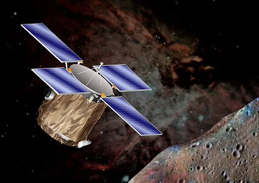 Artist's conception of the NEAR Shoenmaker spacecraft. Originally from the NSSDC website: http://nssdc.gsfc.nasa.gov/nmc/tmp/1996-008A.html