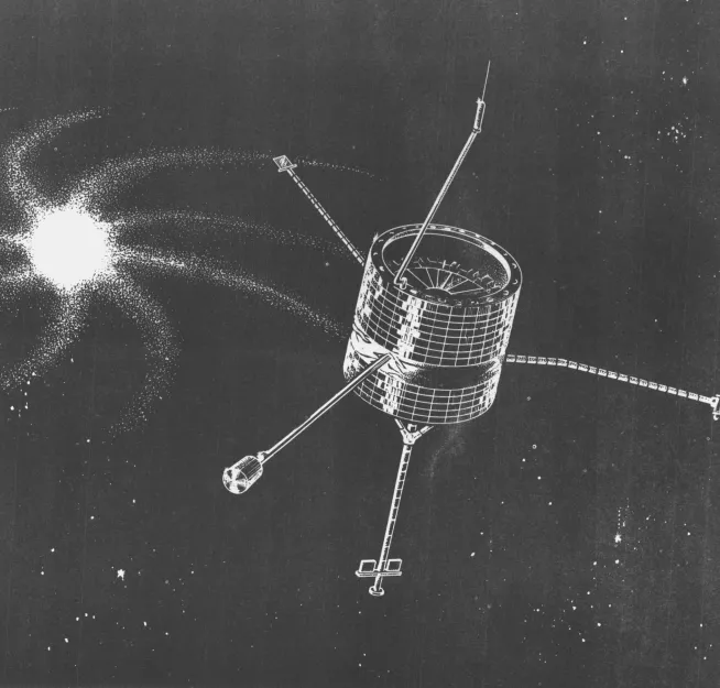 Spacecrafts Pioneer 6, 7, 8, 9 and E in space.