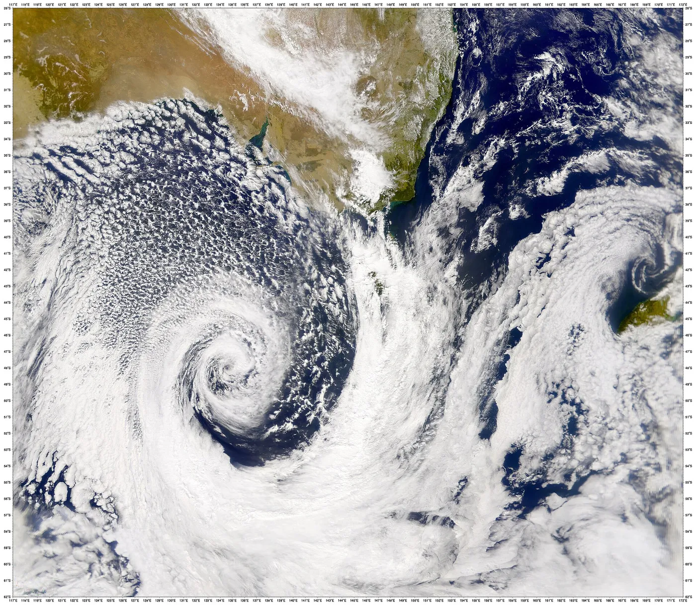 There was a large low-pressure system off Australia's southern coast on February 20, 2002. This true-color image was acquired by the Sea-viewing Wide…