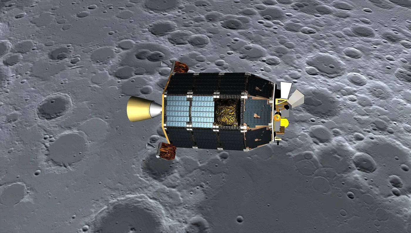 An artist's concept of NASA's Lunar Atmosphere and Dust Environment Explorer (LADEE) spacecraft seen orbiting near the surface of the moon