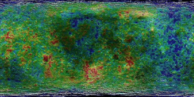 Lunar Prospector Epithermal Neutron count. Red is low hydrogen abundance, blue is high.