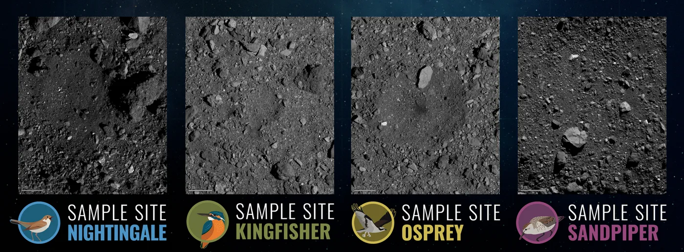 OSIRIS-REx images of the four candidate sample collection sites on asteroid Bennu: Nightingale, Kingfisher, Osprey and Sandpiper.