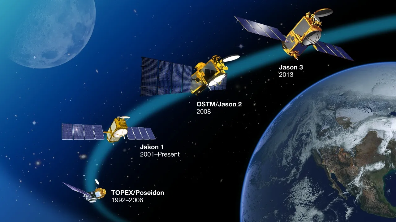 Artist's rendering of the TOPEX/Poseidon satellite and its follow-on Jason series of satellites.