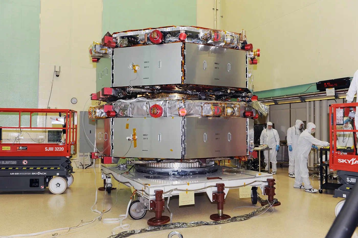 MMS observatories 1 and 2 stacked for shock testing
