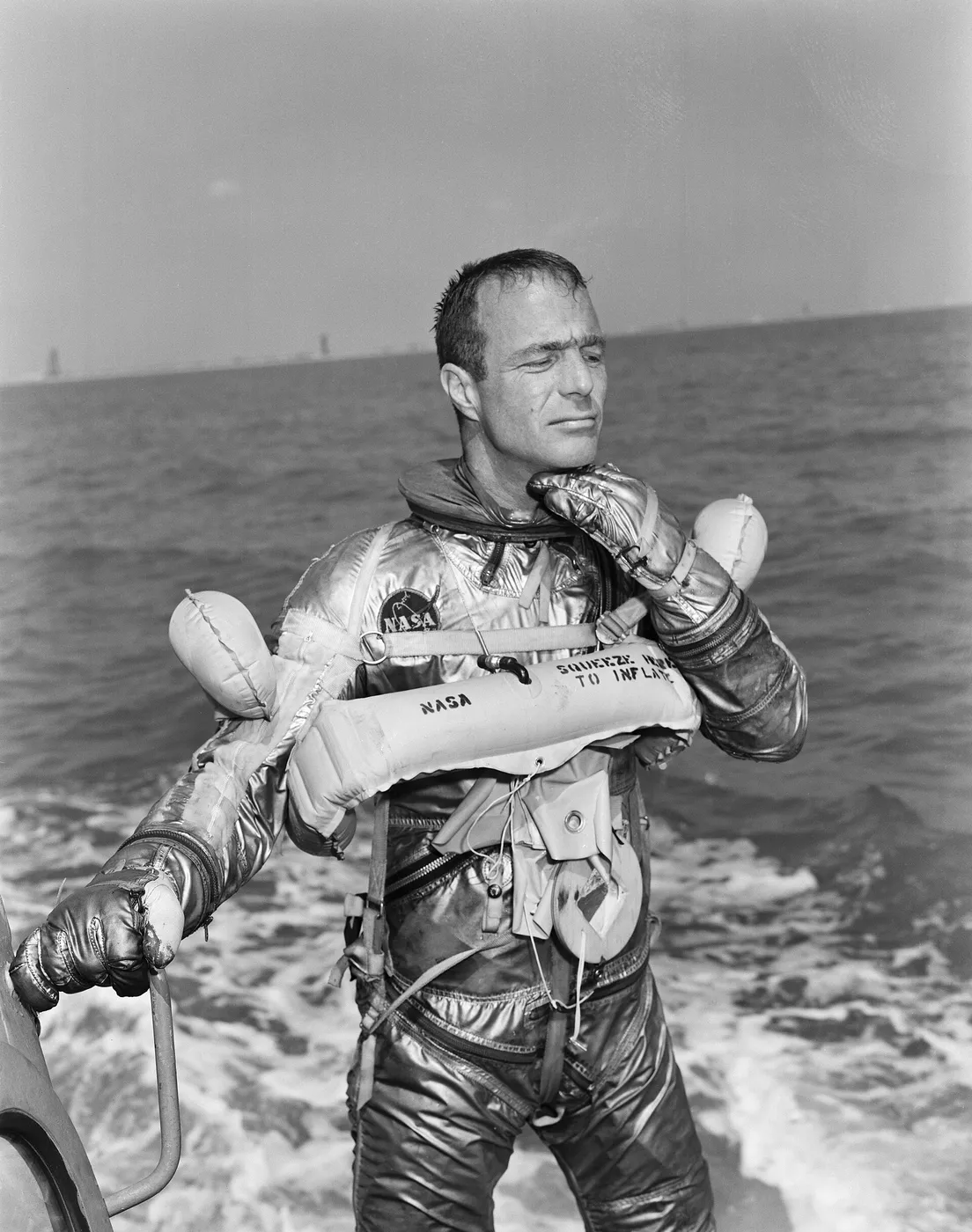 NASA Project Mercury Astronaut Scott Carpenter, pilot of the Mercury Atlas 7 mission, completing a water egress test. NASA photo S62-01358 in public…