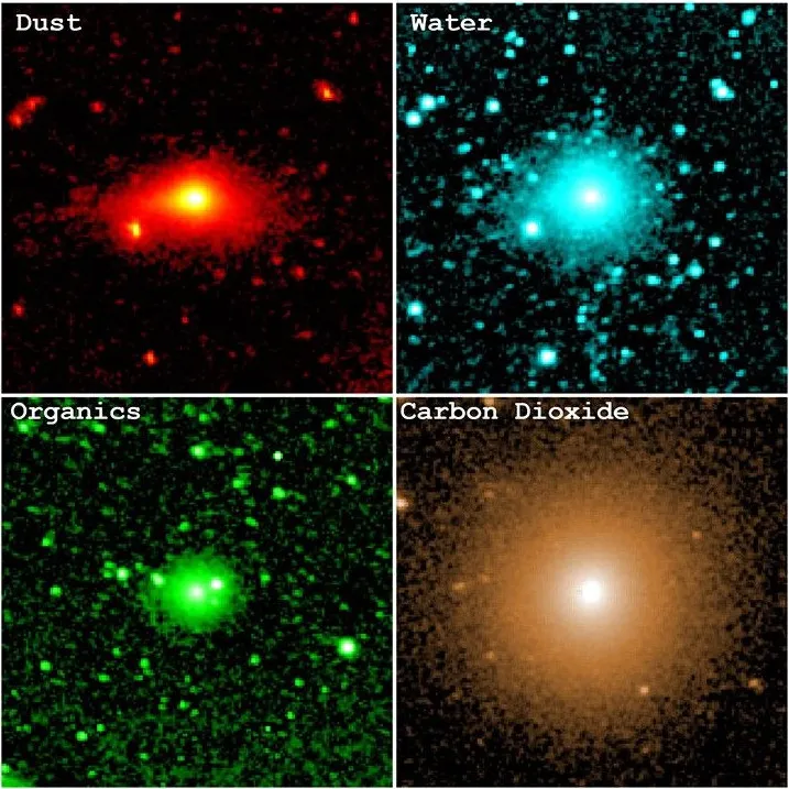 These observations by NASA’s SPHEREx show the infrared light emitted by the dust, water, organic molecules, and carbon dioxide contained within comet…