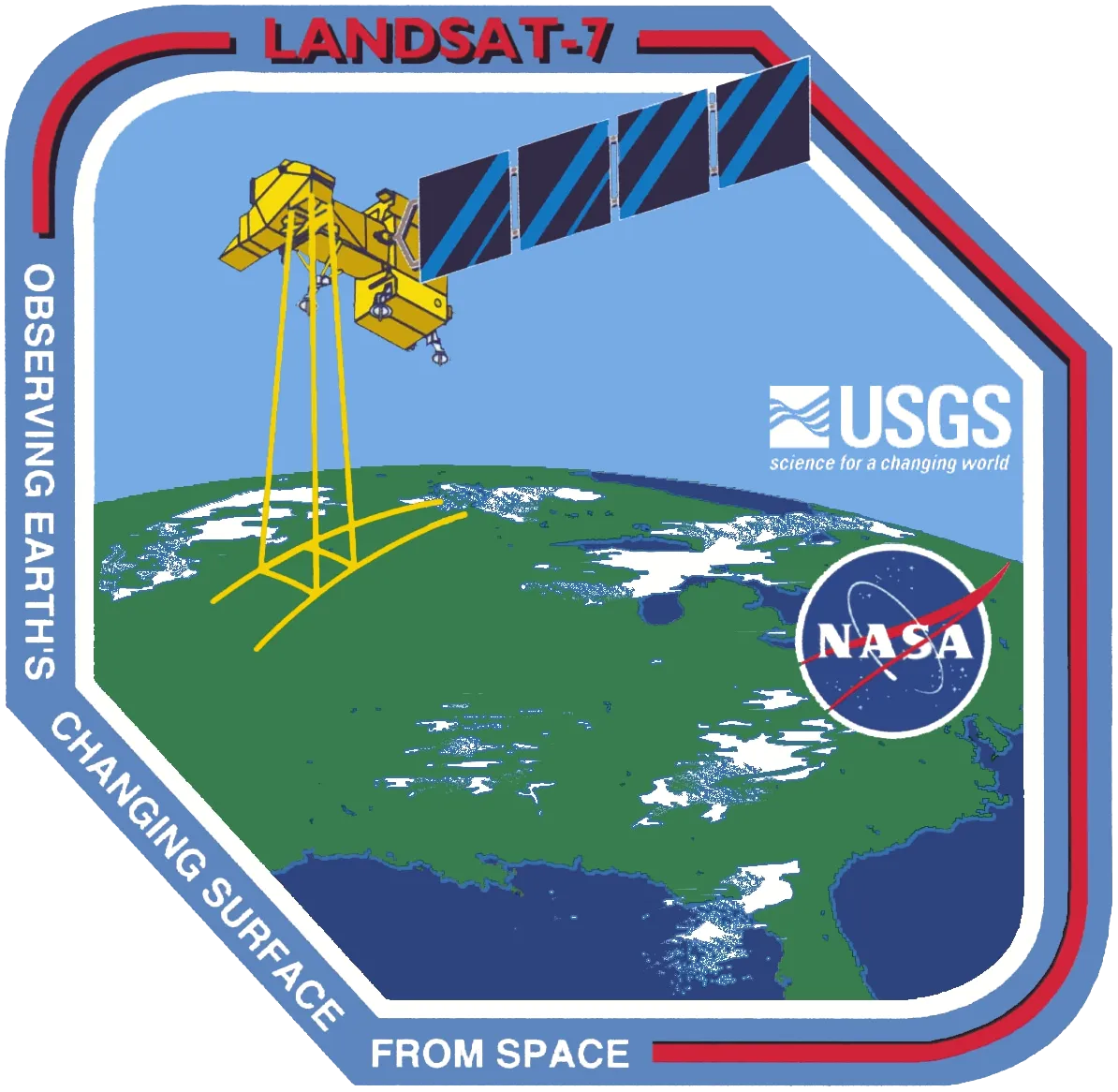 The Landsat 7 mission patch featured an drawing of the Landsat 7 satellite collecting data over the U.S. as well as the USGS and NASA logos.