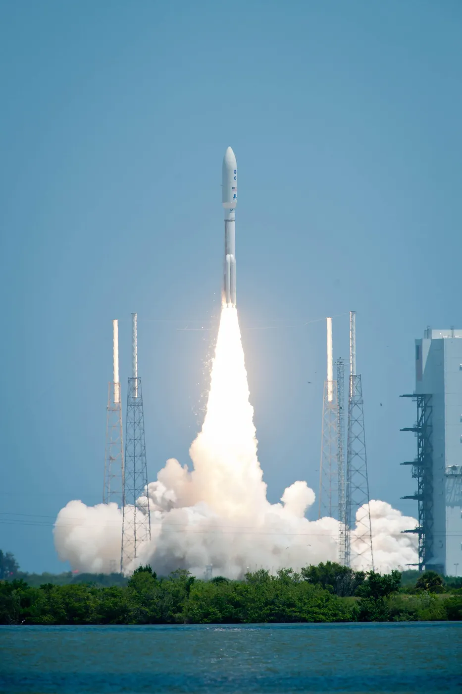 The Juno spacecraft launches aboard an Atlas V rocket from Space Launch Complex 41 at Cape Canaveral Air Force Station in Florida.
