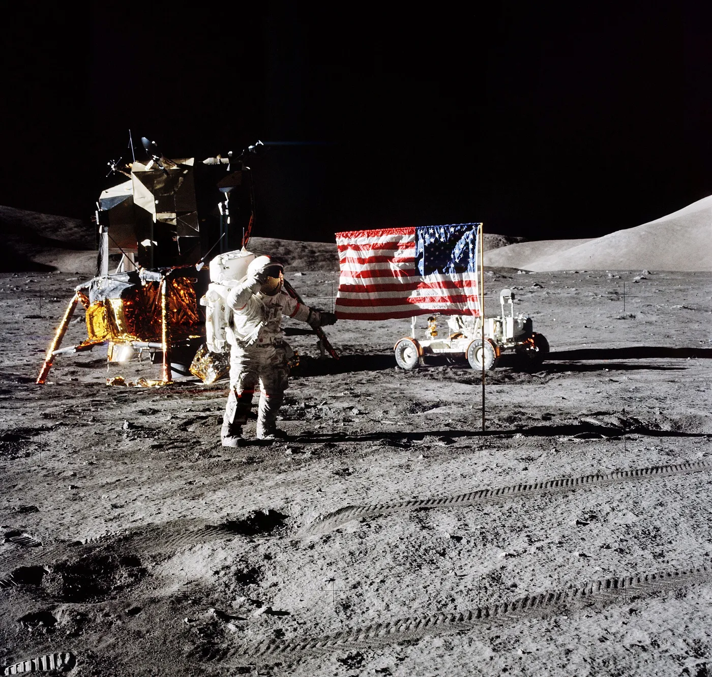 Eugene Cernan at the LM, Apollo 17, AS17-134-20378.
