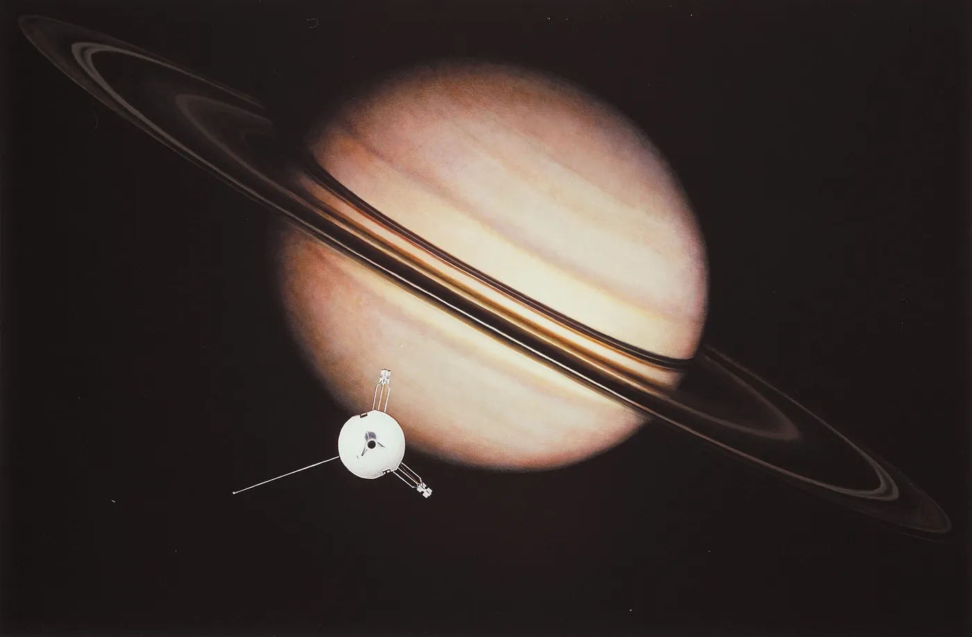 An artist's impression of the encounter between Pioneer 11 and Saturn