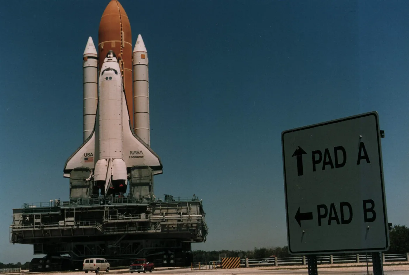 Pre-flight views of orbiter Endeavour on way to launch pad for STS-77