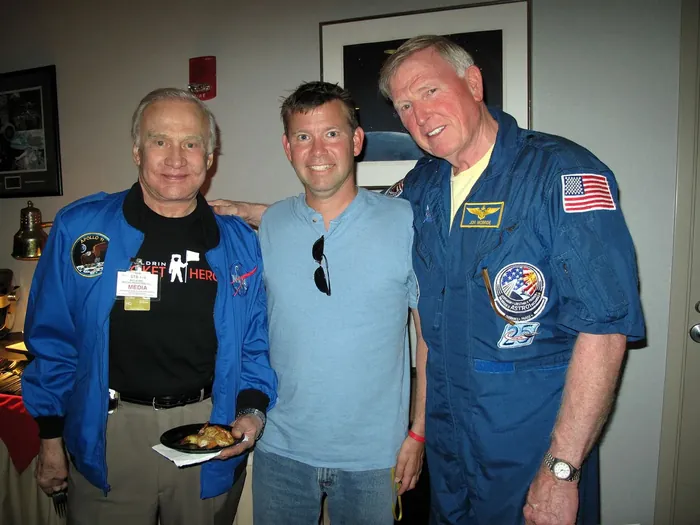 Space Shuttle Prelaunch media room for STS-119 launch, March 15, 2009: (L to R - Buzz Aldrin, Roger Childs &amp; Jon McBride)…