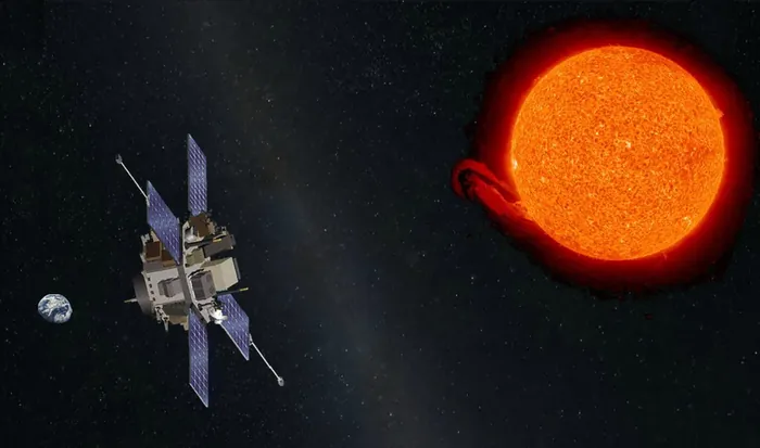 An artist's rendering of the Advanced Composition Explorer (ACE) in orbit around the Sun–Earth L1 Lagrange point.