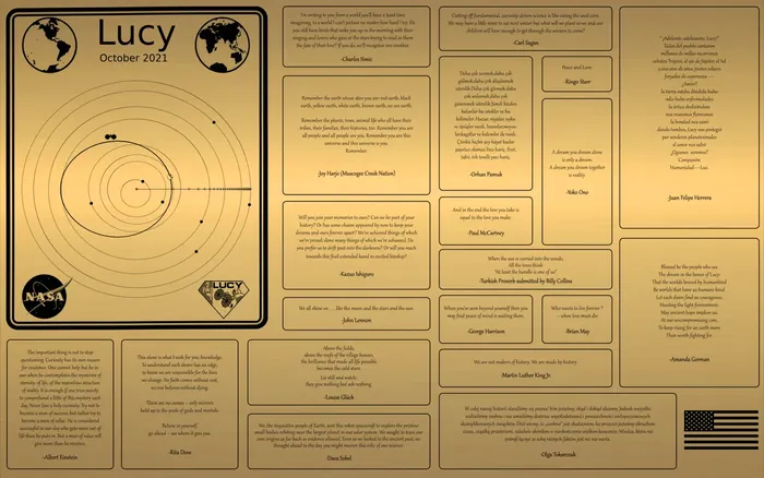 A plaque on the Lucy mission featuring 20 messages from people on Earth, including John Lennon, Martin Luther King Jr., The Beatles, and more.
