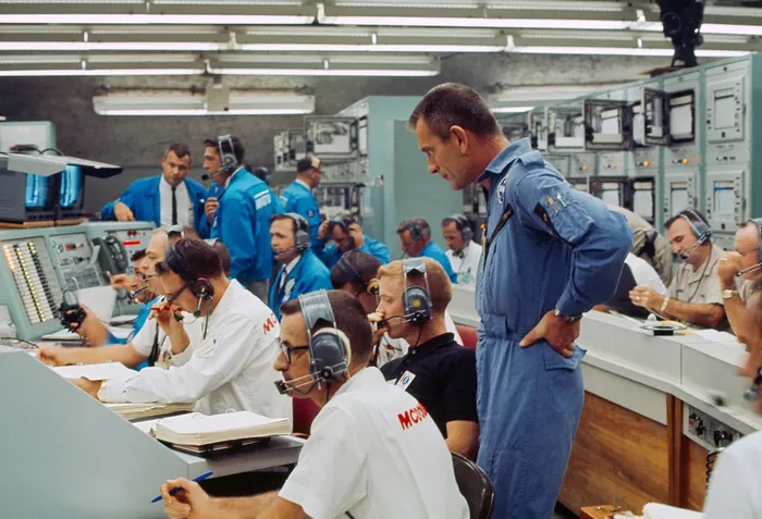 View of Mission Control Center at Cape Kennedy, Florida, moments after the Gemini 5 spacecraft was launched from Pad 19