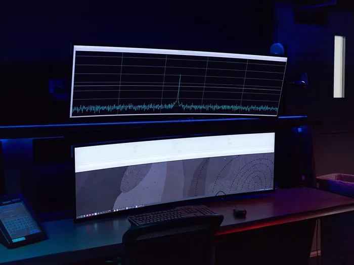 The acquisition of the radio frequency signal from the Artemis II crewed mission to the Moon by NASA’s Deep Space Network is indicated by the peak in…