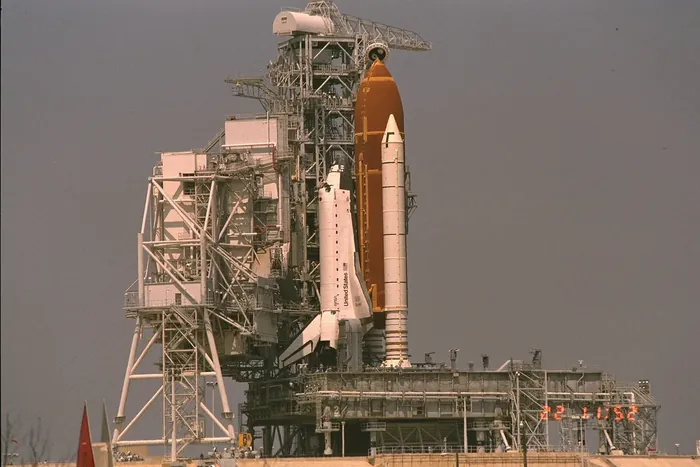Space Shuttle Discovery on the launch pad for STS-39.