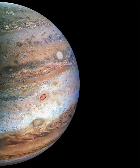 Processed image from the Juno Spacecraft orbiting Jupiter.