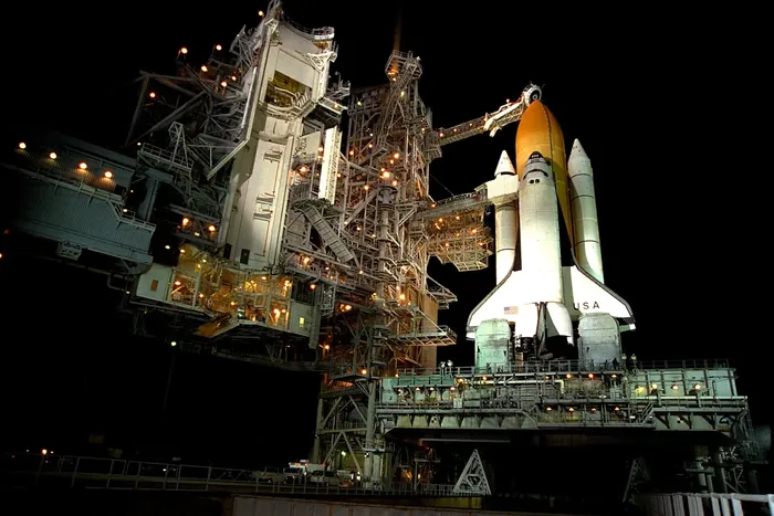 Space Shuttle Columbia on launch pad 39-B at Kennedy Space Center after the rollback of the Rotating Service Structure.